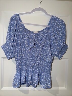 Sienna Sky Blue and White Floral Peasant Blouse